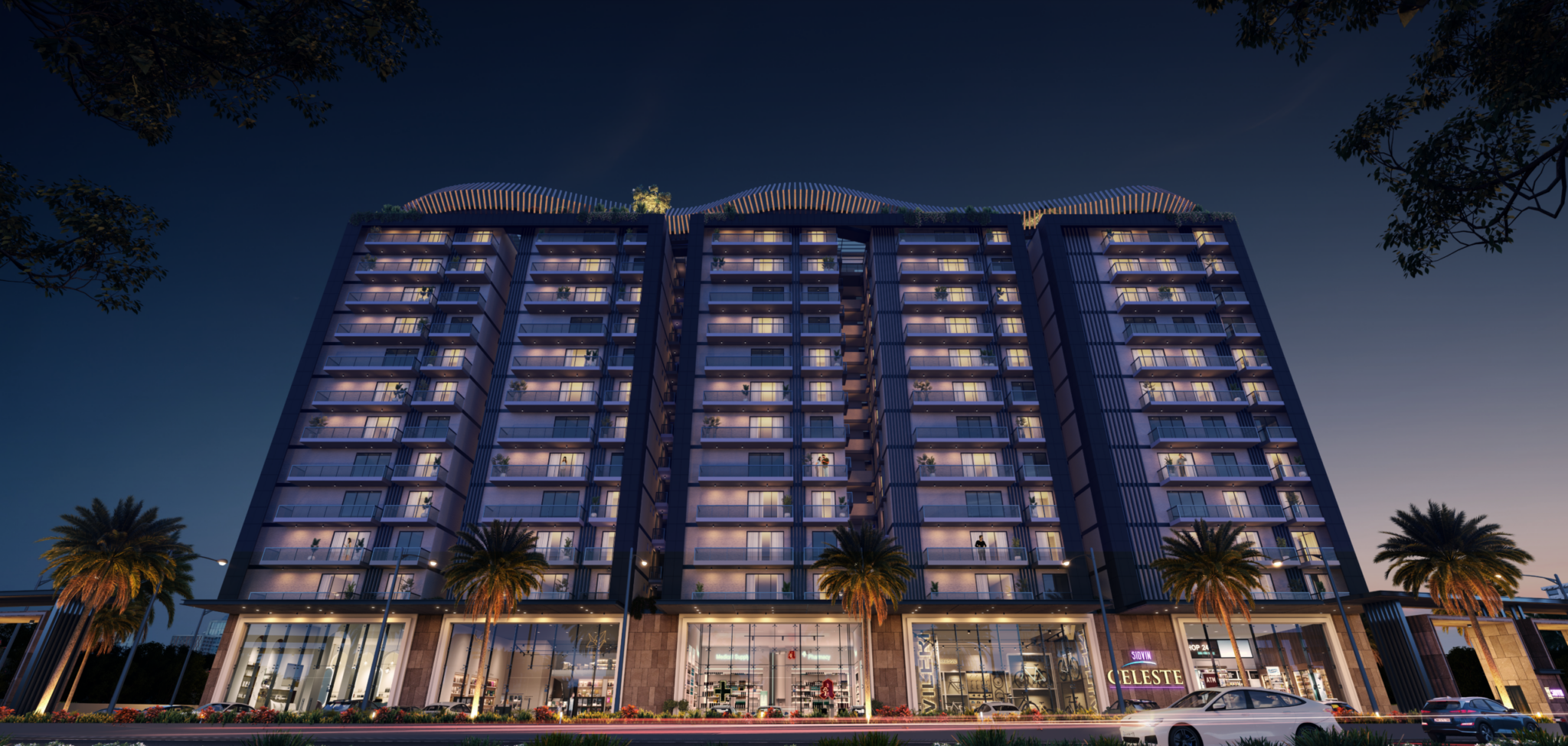 Sidvin Celeste luxury apartment HAL Vibhutipura Bangalore night view
